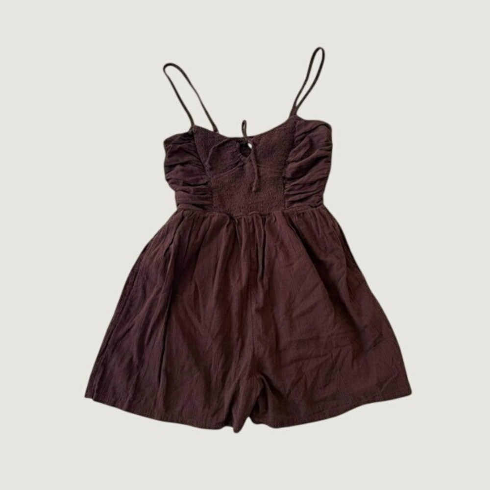 Aerie Crinkle Cotton Smocked Tie Front Romper Brown Beachy Boho, XS